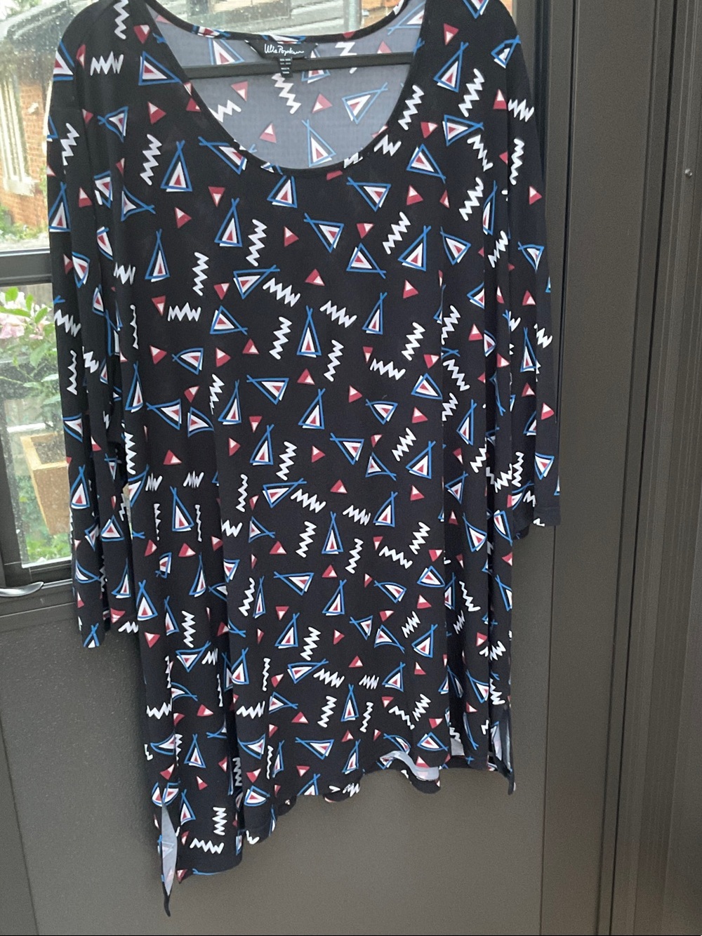 Ulla Popken Black Tunic with Blue, White and Pink Geometric Print